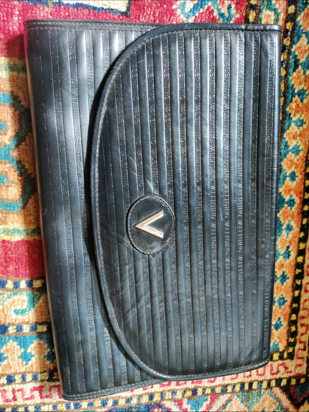 Valentino Black Ribbed Leather Envelope Clutch